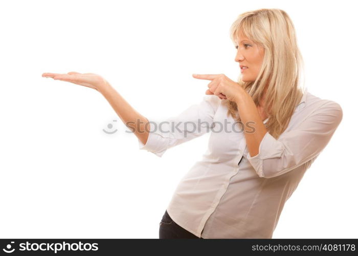 Advertisement concept - mature business woman pointing with finger showing open hand palm with blank copy space for product or text, isolated