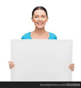 advertisement, education and happy people concept - smiling girl with white blank board