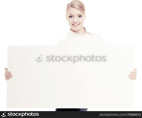 Advertisement. Elegant young woman showing blank copy space banner isolated on white. Businesswoman recommending your product.