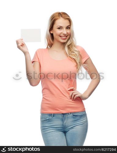 advertisement, invitation, message and people concept - smiling young woman or teenage girl with blank white paper card