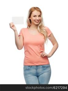 advertisement, invitation, message and people concept - smiling young woman or teenage girl with blank white paper card