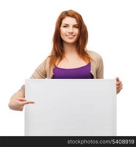 advertisement, sale and people concept - smiling young girl with blank white board