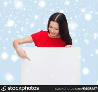 advertisement,sale and people concept - smiling young woman with blank white board