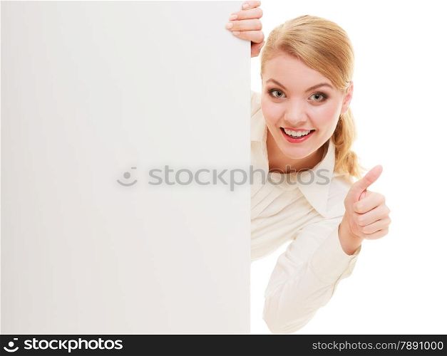 Advertisement. Woman hiding behind blank copy space banner showing thumb up isolated. Businesswoman recommending product