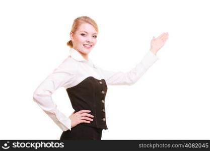 Advertisement. Young businesswoman showing blank copy space isolated on white. Elegant woman presenting your product.