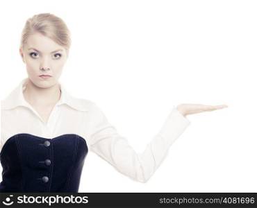 Advertisement. Young businesswoman showing blank copy space on empty hand isolated on white. Woman holding your product.