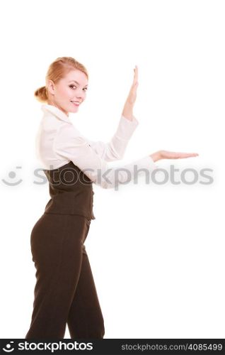 Advertisement. Young businesswoman showing blank copy space on empty hand isolated on white. Elegant woman holding your product.