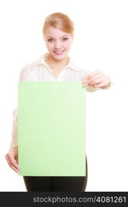 Advertisement. Young woman holding blank copy space green banner isolated on white. Businesswoman recommending your product