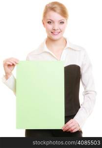 Advertisement. Young woman holding blank copy space green banner isolated on white. Businesswoman recommending your product