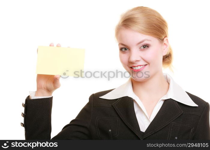 Advertisement. Young woman holding blank copy space yellow business card isolated on white. Businesswoman recommending your product