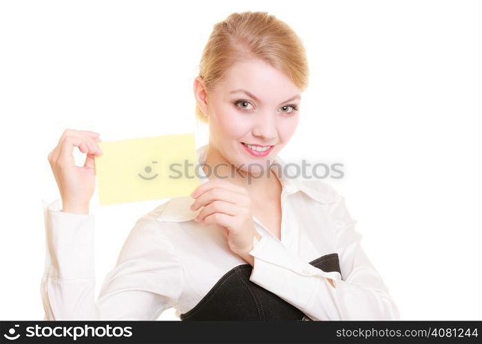 Advertisement. Young woman holding blank copy space yellow business card isolated on white. Businesswoman recommending your product