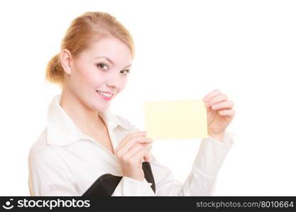 Advertisement. Young woman holding blank copy space yellow business card isolated on white. Businesswoman recommending your product