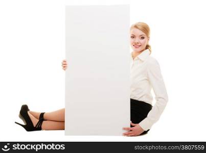 Advertisement. Young woman showing blank copy space banner isolated on white. Businesswoman recommending your product.