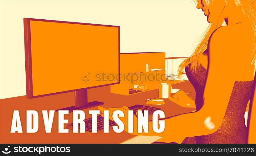 Advertising Concept Course with Woman Looking at Computer. Advertising Concept Course