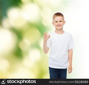 advertising, ecology, gesture, people and childhood concept - smiling little boy in white blank t-shirt making ok sign over green background