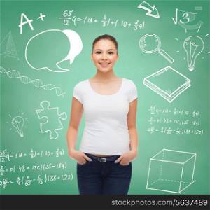 advertising, education, school and people concept - smiling young woman in blank white t-shirt over green board background with doodles