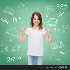 advertising, gesture, education, childhood and people - smiling girl in white t-shirt pointing fingers on herself over green board with doodles background