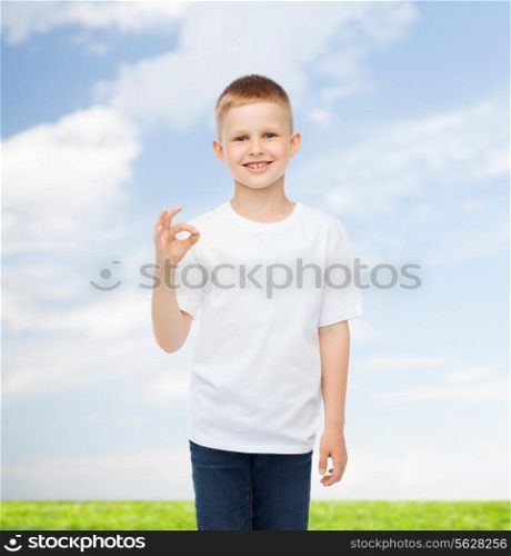 advertising, people, summer and childhood concept - smiling little boy in white blank t-shirt making ok gesture over natural background