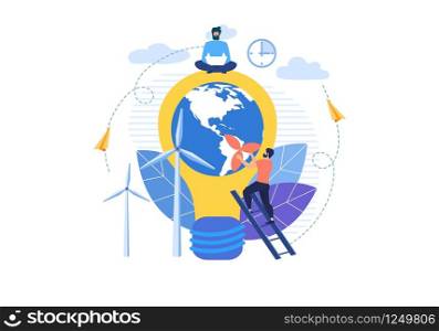 Advertising Poster Email Newsletter Cartoon Flat. Increasing Company Profits. Flyer Man Sitting on Big Light Bulb. Guy Stands on Stairs and Sets Windmill on Planet. Vector Illustration.