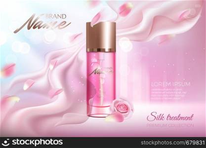 Advertising poster for cosmetic product with rose for catalog, magazine. Vector design of cosmetic package. Perfume advertising poster.Moisturizing toner, cream, gel, body lotion with rose extract .