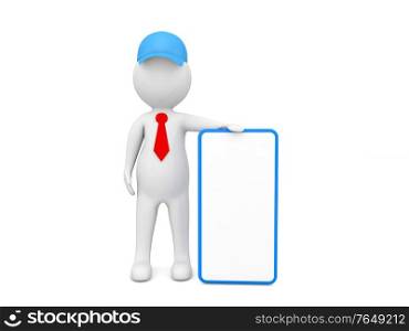 Advertising representative with a poster on a white background. 3d render illustration.. Advertising representative with a poster on a white background.