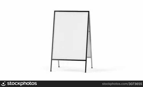 Advertising stand with silver frame, spin and zoom to the white blank panel