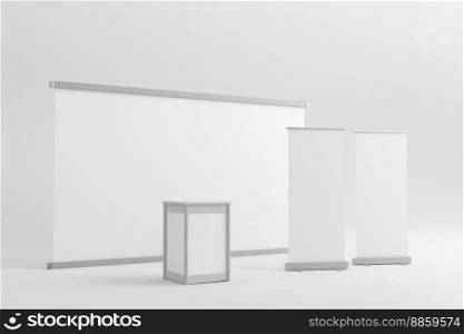 Advertising stands. Realistic blank modern simple rack or counters multiple camera angles, 3d promotional desk, clean empty promo tables with signboard white mockup. 3d illustration