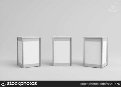 Advertising stands. Realistic blank modern simple rack or counters multiple camera angles, 3d promotional desk, clean empty promo tables with signboard white mockup. 3d illustration