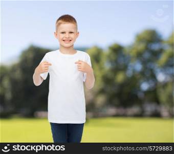 advertising, summer, people and childhood concept - smiling boy in white blank t-shirt pointing fingers at himself over park background