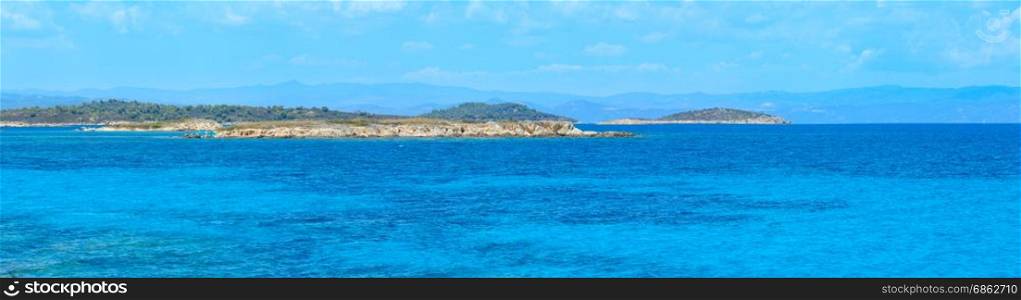 Aegean sea coast landscape, view near Karidi beach (Chalkidiki, Greece). Three shots stitch high-resolution panorama.
