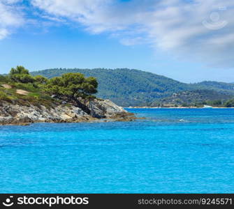 Aegean sea coast landscape, view near Karidi beach (Chalkidiki, Greece).