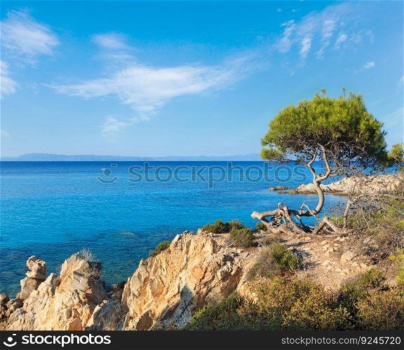 Aegean sea coast landscape with aquamarine water, view near Mega Portokali Beach  Sithonia, Chalkidiki, Greece .