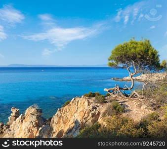 Aegean sea coast landscape with aquamarine water, view near Mega Portokali Beach  Sithonia, Chalkidiki, Greece .