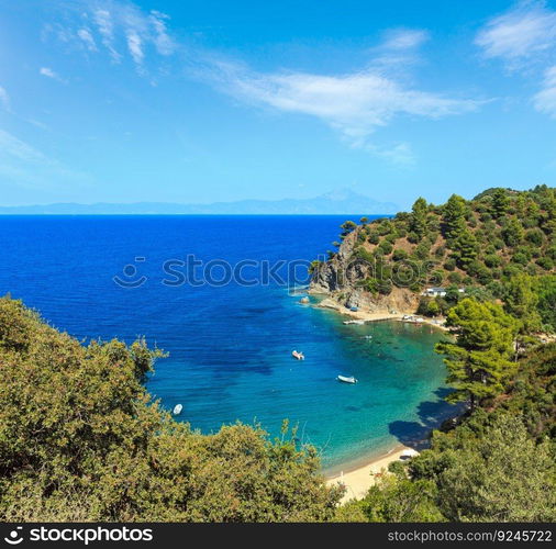 Aegean sea coast landscape with beach, view from above  Chalkidiki, Greece .