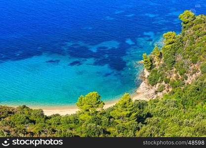 Aegean sea coast landscape with sandy beach (Chalkidiki, Greece).