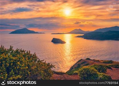 Aegean Sea with Greek islands view on sunset. Cape Sounion, Greece. Aegean Sea with islands view on sunset