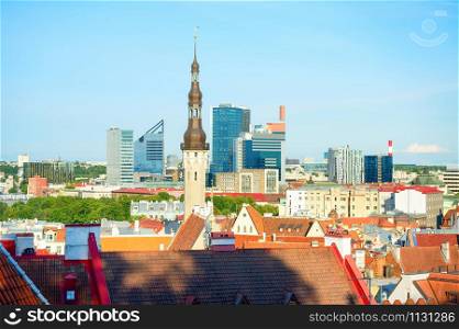 Aerail cityscape of Tallinn downtown in sunny daytime, modern and traditional architecture, Estonia