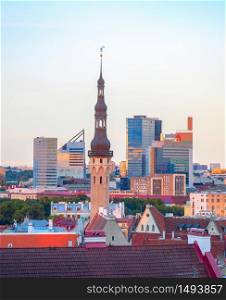 Aerail cityscape of Tallinn downtown in sunset light, Estonia