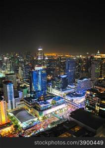 Aerail view of Bangkok downtown at night. Thailand