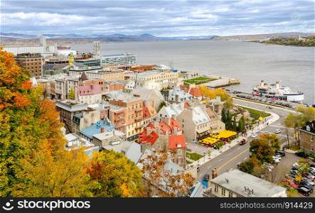 Aerial autumn view of Old Quebec City Lower Town and Saint Lawrence River in Quebec, Canada