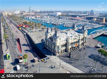 Aerial Barcelona port marina view in passeig de Colon