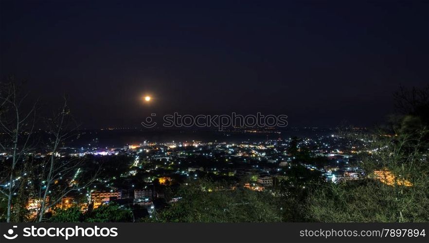 Aerial city view of Uthai Thani at night, Thailand