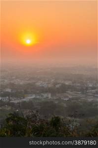 Aerial city view of Uthai Thani province at sunrise, Thailand