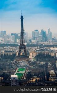 Aerial cityscape of Paris, France, with the Eiffel tower seen fr. Aerial cityscape of Paris, France, with the Eiffel tower seen from the Tour Montparnasse