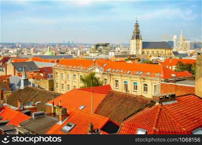 Aerial cityscape with red tiled rooftops, Brussels, Belgium