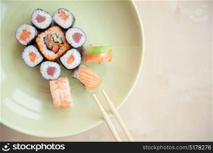 Aerial closeup of a sushi platter