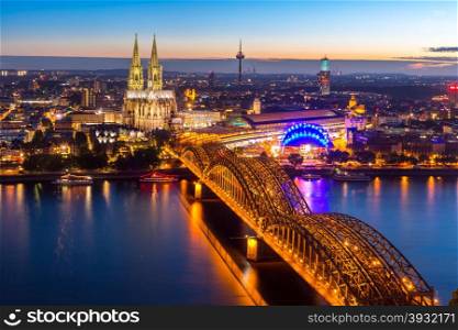 Aerial Cologne Cathedral and Hohenzollern Bridge, Cologne, Germany
