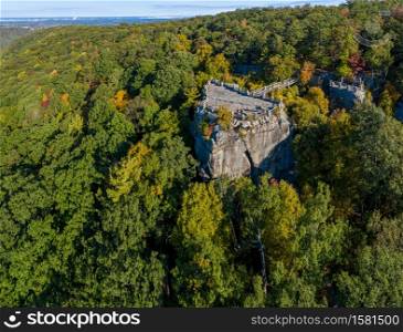 Aerial drone image of the Coopers Rock state park overlook over the Cheat River valley in the autumn looking towards Cheat Lake near Morgantown, WV. Coopers Rock state park overlook over the Cheat River in West Virginia with fall colors