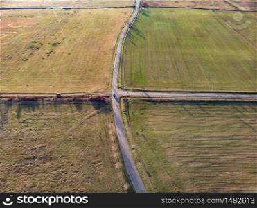 Aerial drone picture over asphalt road