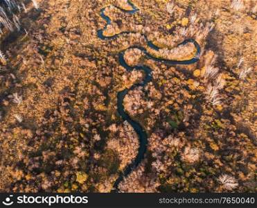Aerial drone view of autumn landscape with river.. autumn landscape with river.
